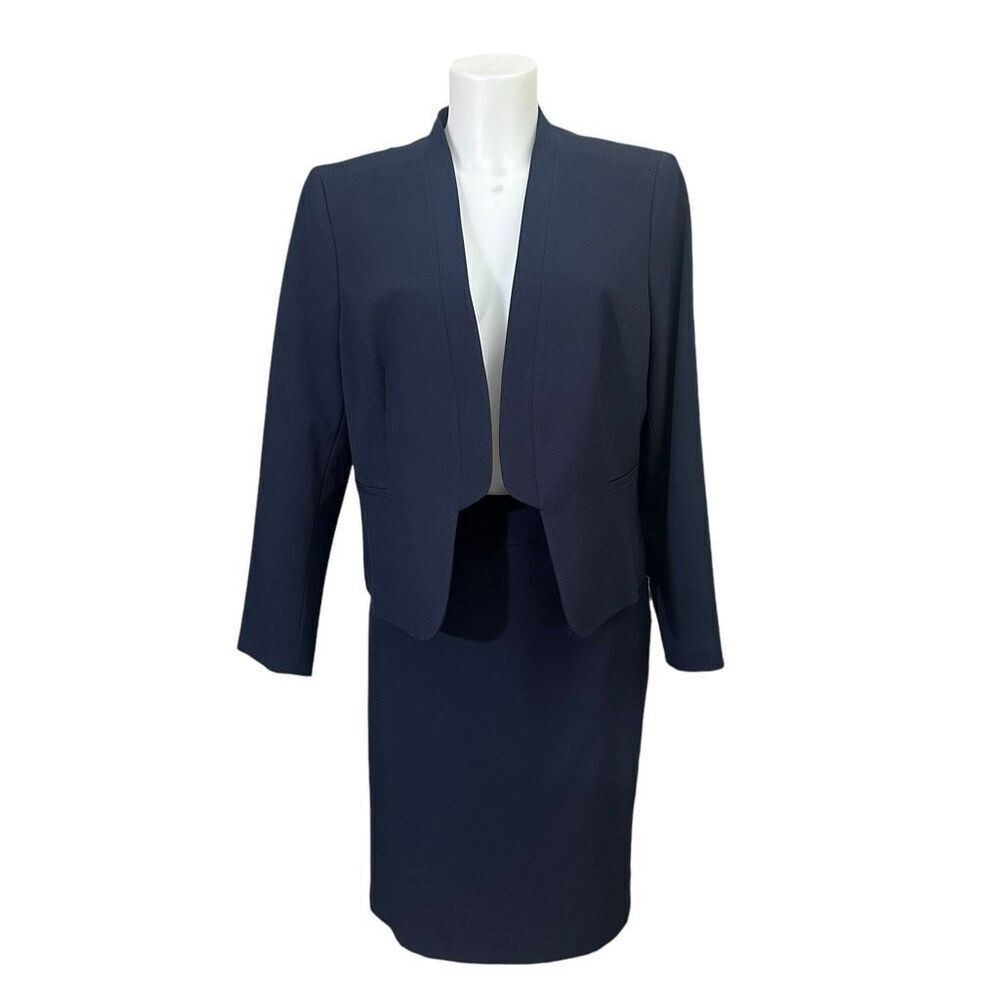 NINE WEST Navy 2 Piece Open Front Blazer & A-line‎ Skirt Set sz 12/ 10 NEW